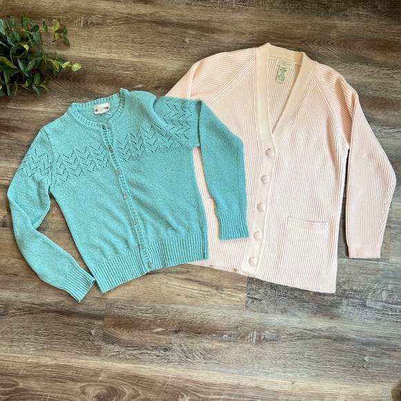 Yarnworks Sweaters - Vintage Cardigan Sweater Bundle: Pink Rib Knit and Turquoise Pointelle
